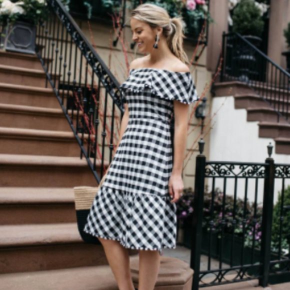 🎉 2 x HP 🎉 Petite Gingham Off The Shoulder Midi Dress - Picture 2 of 8